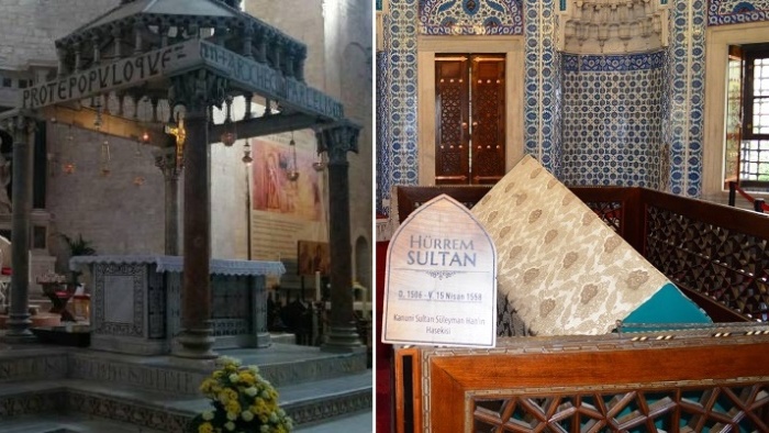 Гробница Боны Сфорца в Бари (слева) и саркофаг Роксоланы в мавзолее мечети султана, Стамбул.