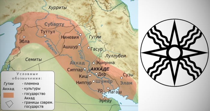 Карта территорий и герб Аккадской империи.