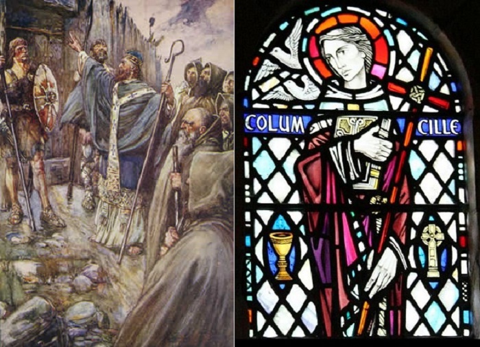 Аббат Колумба среди пиктов. Справа – витраж с изображением святого проповедника в одной из ирландских церквей.