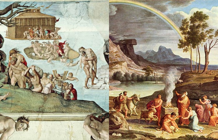 «Всемирный потоп»(1512), Микеланджело Буонарроти / «Пейзаж с жертвоприношением Ноя» (1803), Йозеф Антон Кох.