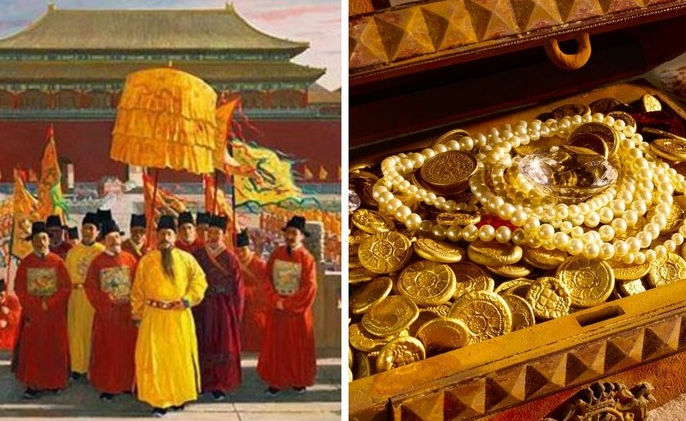 Народ взбунтовался против императора династии Мин, забрав все их богатство, закопали клад на горе Тяньмэнь.
