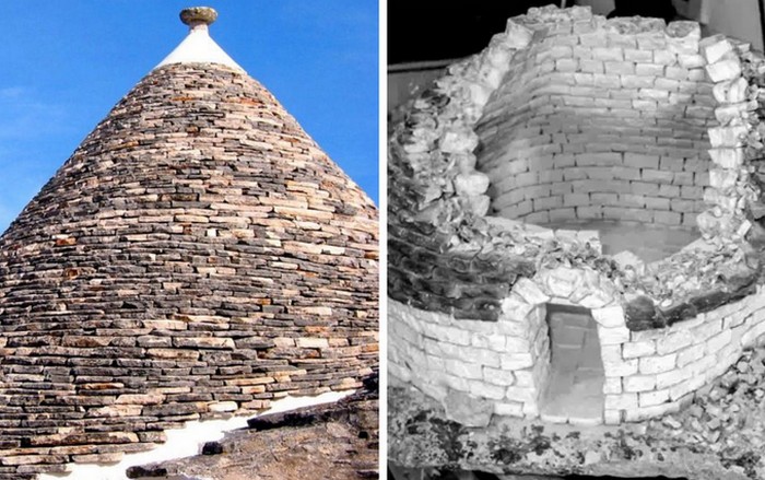 Домики были построены из камней без скрепляющего раствора, а всю постройку держал большой валун на конусовидной крыше.