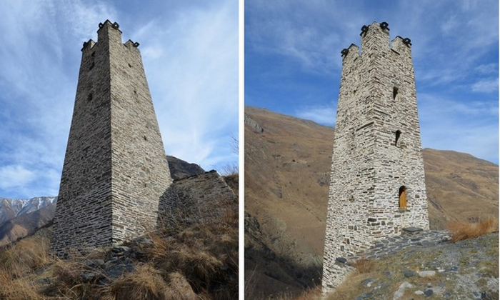 Вайнахская боевая башня возвышается на холме, а за ней склепы.