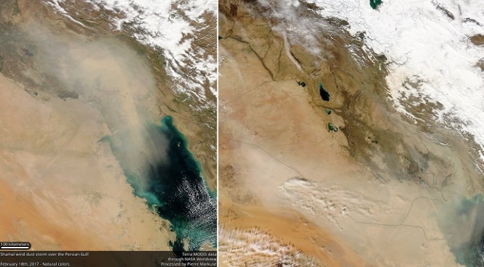 Фото пылевых бурь, вызванных северо-западным ветром Шамаль, сделанные с орбиты Земли спутниками NASA.