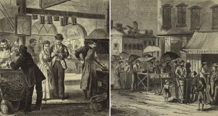 Уличная торговля устрицами в Нью-Йорке, конец XIX века. Иллюстрации 1870 года.