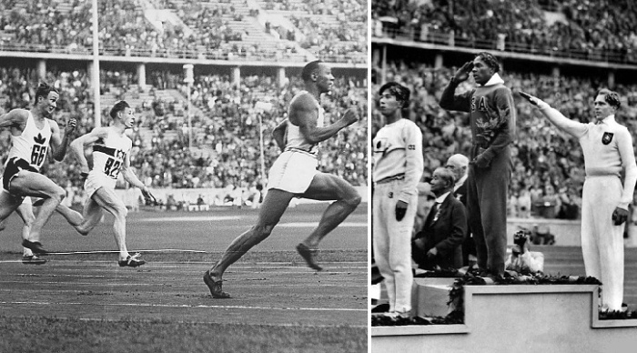Темнокожий американский легкоатлет Джесси Оуэнс выиграл на Олимпиаде в Берлине 4 золотых медали.