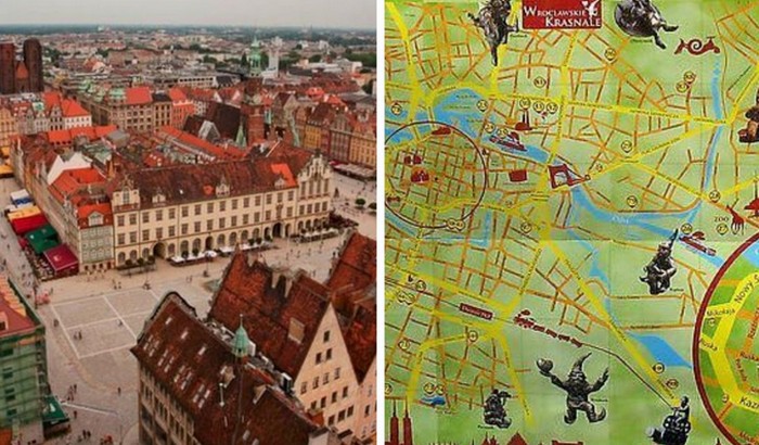 По специальной карте можно найти большинство бронзовых фигур гномов, находящихся на улицах Вроцлава.