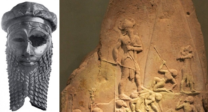 Бронзовая голова статуи царя Аккада, вероятно, Саргона. ок. 2300 года до н. э. Справа – стела с барельефом времен Аккадской империи.