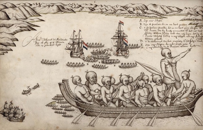 Первая встреча с маори. Рисунок из путевого журнала Абеля Тасмана, 1642 год. / Фото: gahetna.nl