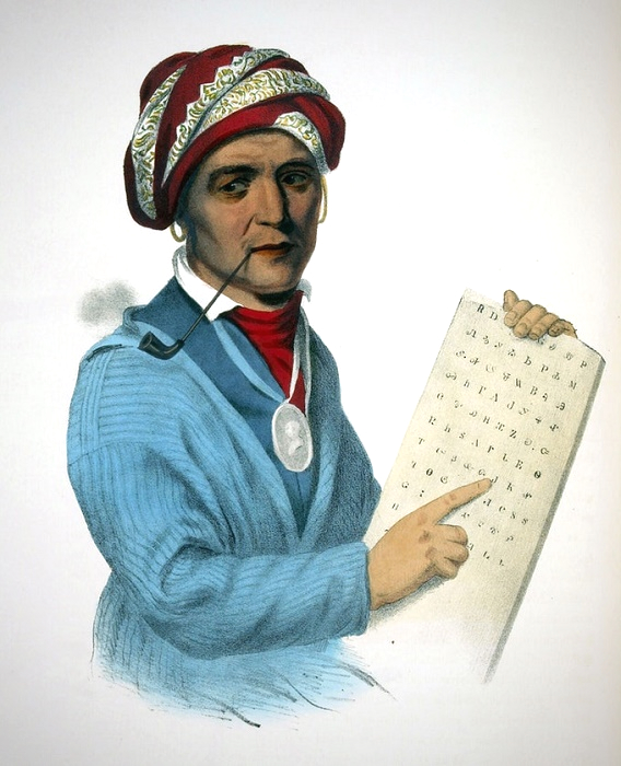 Секвойя с рукописью, изображающей его систему письма для чероки / Фото: wikipedia.org