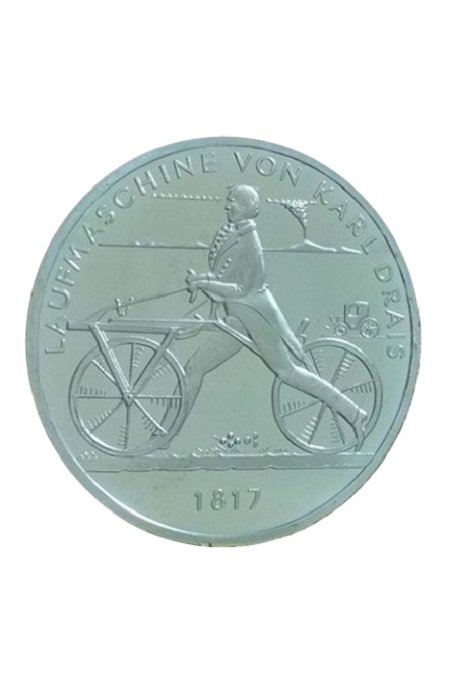 Аверс памятной монеты, выпущенной в Германии 13 июля 2017 года по случаю 200-летия изобретения велосипеда