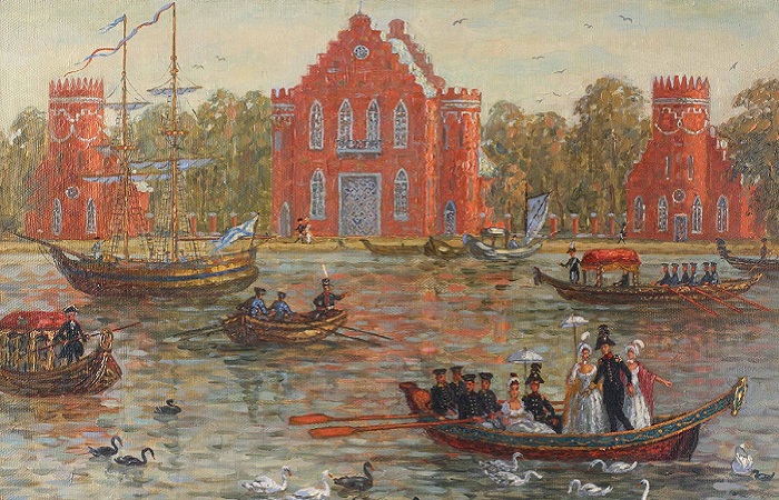 Александр I кормит лебедей, катаясь на лодке. В. Ермолаев