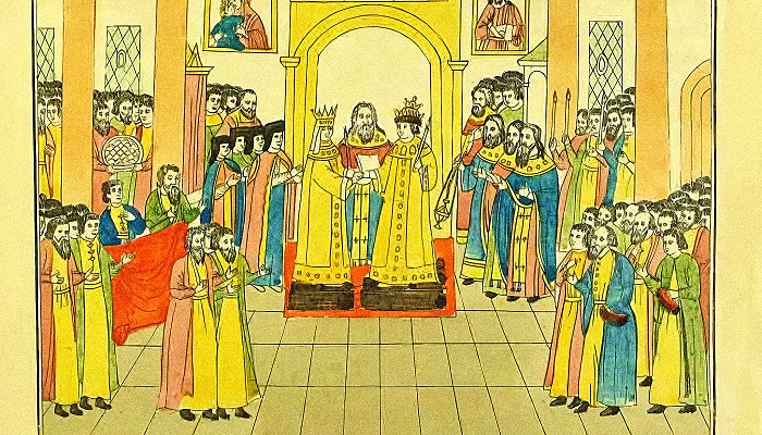 Венчание протопопом Благовещенского собора Максимом царя Михаила Феодоровича с Евдокией Лукьяновной Стрешневой. Иллюстрация из летописного свода Венчание протопопом Благовещенского собора Максимом царя Михаила Феодоровича с Евдокией Лукьяновной Стрешневой. Иллюстрация из летописного свода