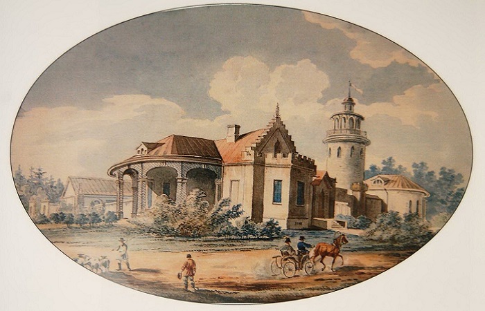 «Ферма в Александровском парке», акварель с экрана миракля (1820-е) из коллекции ГМЗ «Царское Село».Репродукция картины К.И.Кольмана