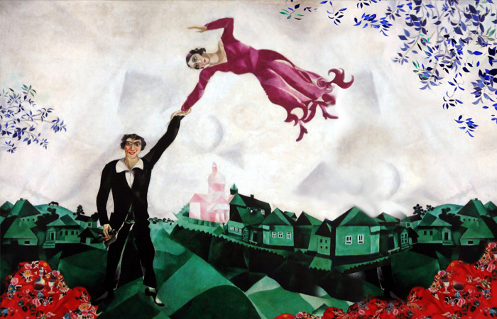 Марк Шагал. Триптих из картин <U>«Прогулка»</U>; «Над городом»; «Двойной портрет». / Фото: stihi.ru;  