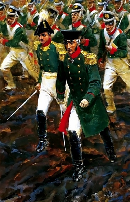 Князь Багратион ведет войска в атаку. Фрагмент репродукции картины В.Серова