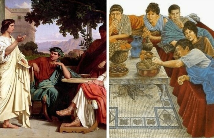 Принимать пищу в одиночестве в Древней Греции считалось неприличным поведением, поэтому старались ходить в гости или приглашать к себе.