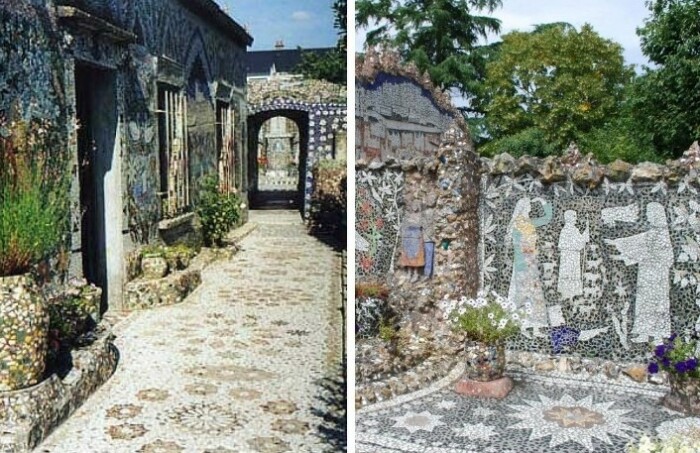 Выложенные осколками керамики стены дома и двор.