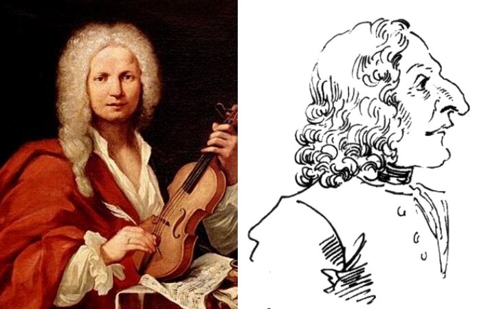 Антонио Вивальди: вымышленный рисунок и карикатура, нарисованная с натуры