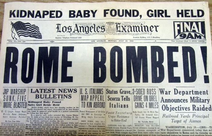 Первая полоса американской газеты сообщает о начале бомбардировок Рима / Фото: vikond65.livejournal.com