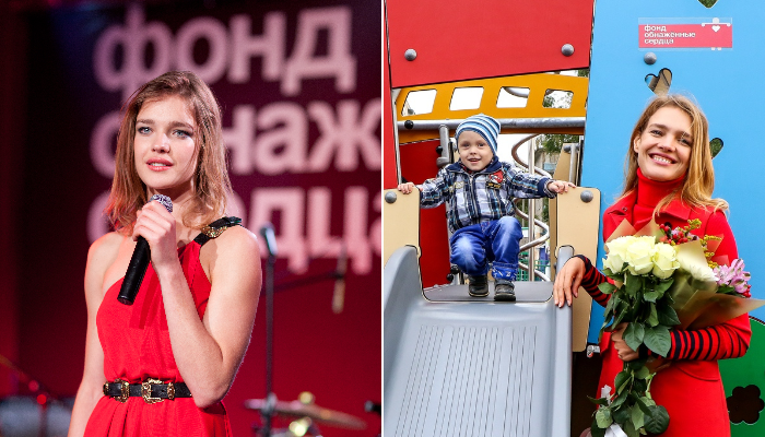 Наталья Водянова на презентации и фонда и на открытии детской площадки.