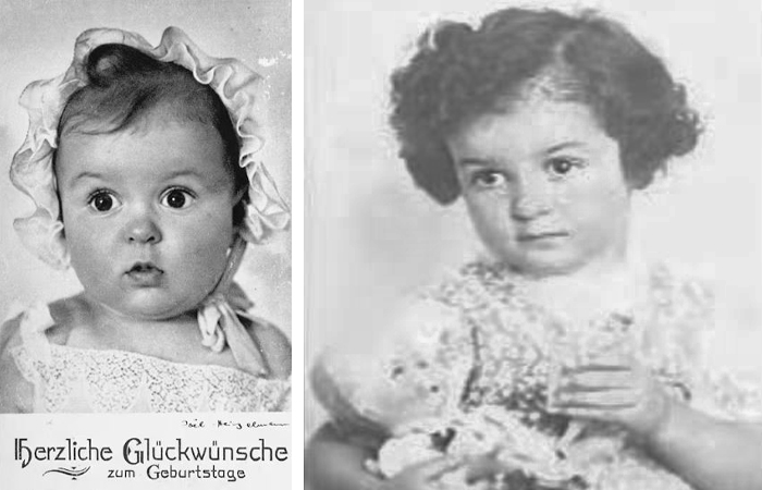 Фотография Хесси на поздравительной открытке и более поздняя фотография девочки Фотография Хесси на поздравительной открытке и более поздняя фотография девочки