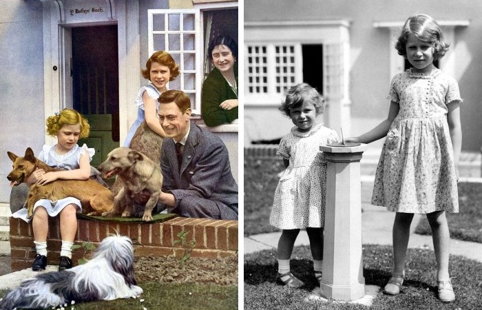 Принцесса Елизавета и принцесса Маргарет со своими родителями возле своего кукольного домика