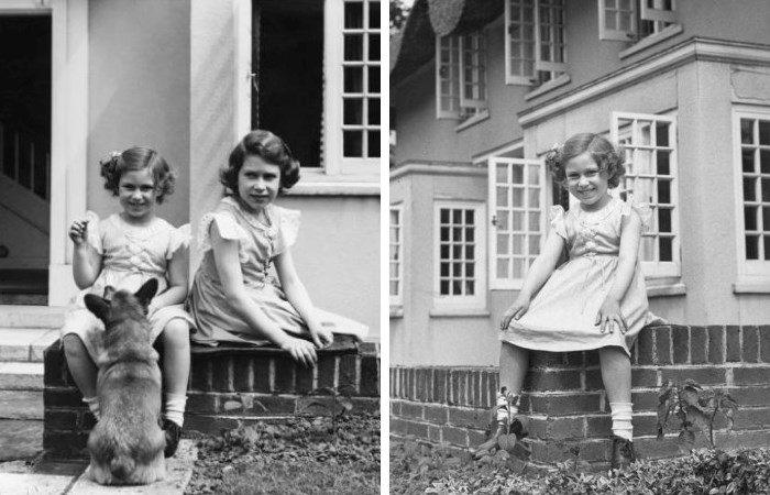 Принцесса Елизавета и принцесса Маргарет возле своего домика