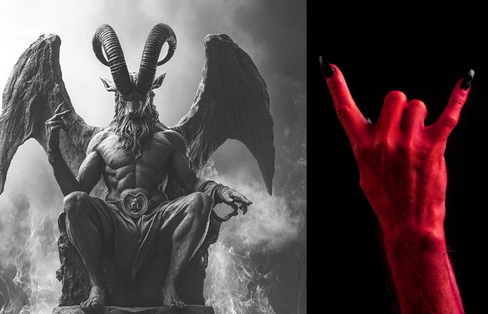 Жест рога у сатанистов и их дьявол Бафомет.