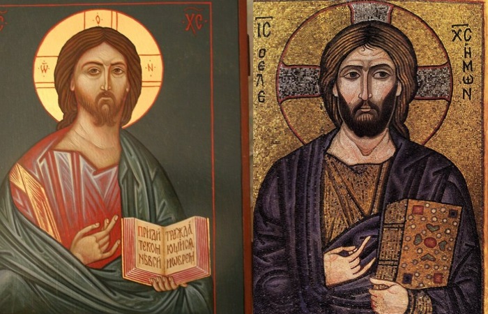 Жест, указывающий на важное сообщение на иконе.