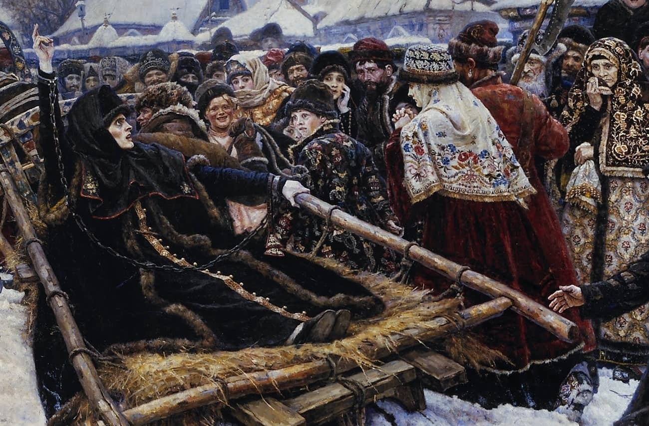 Момент, когда боярыню Морозову везут по московским улицам после допроса, изображен на картине Сурикова. Момент, когда боярыню Морозову везут по московским улицам после допроса, изображен на картине Сурикова.