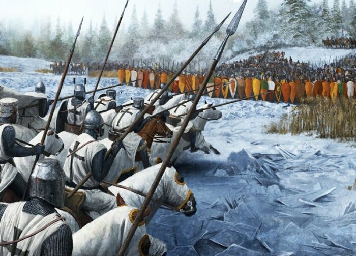 Александр Невский заманил закованных в броню рыцарей на лед Чудского озера. / www.cdn.monetnik.ru 