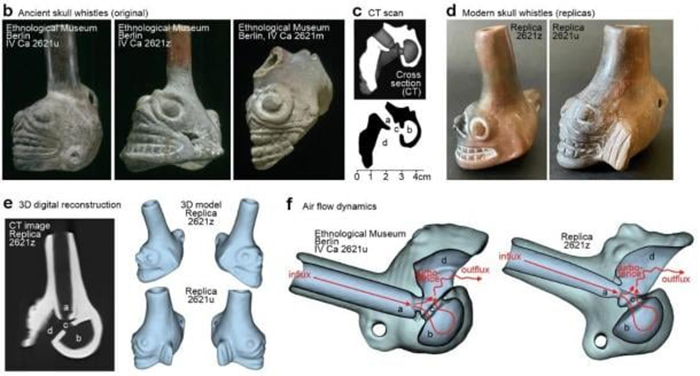 Оригинальные экземпляры и копии ацтекских свистков в форме черепа. / Фото: nature.com