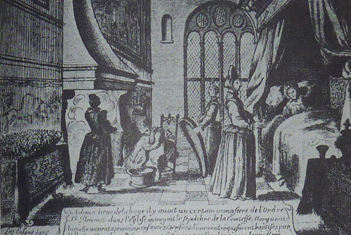 Французская гравюра 1650 года, основанная на картине Питера ван ден Кеере, изображает рожающую Маргариту. Слева, на сундуке, изображены все родившиеся дети.