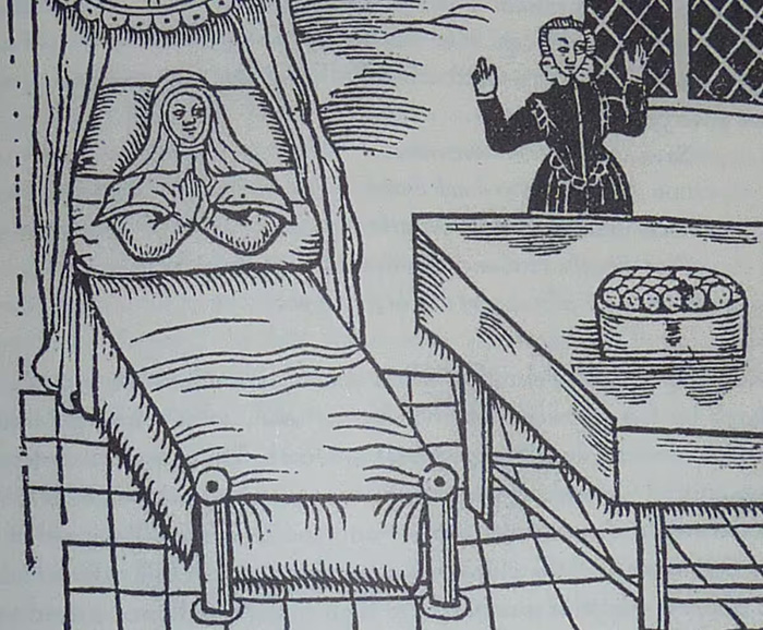 Анонимная гравюра 1620 года, изображающая Маргариту после родов и детей в сосуде.