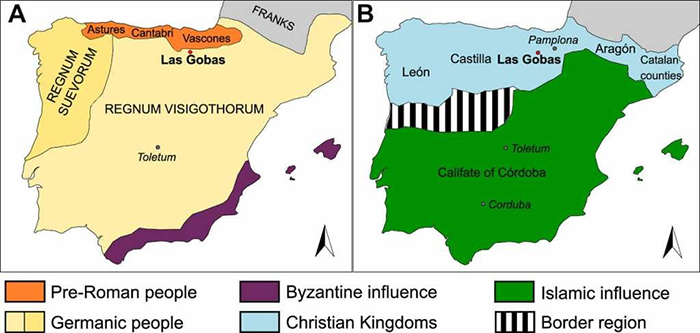Красным цветом показано расположение некрополя Лас-Гобас. Названия городов выделены курсивом. (А) Пиренейский полуостров, около 569 года нашей эры. (Б) Различные королевства и граница с Кордовским халифатом в 10 веке. / Фото: labrujulaverde.com