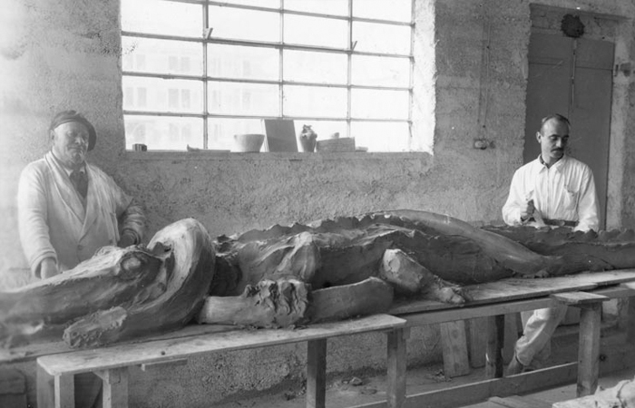 Джузеппе Маццотти и Лучио Фонтана со скульптурой Coccodrillo e Serpente (Крокодил и змея), Альбиссола, 1936 год. / Фото: fondazioneluciofontana.it