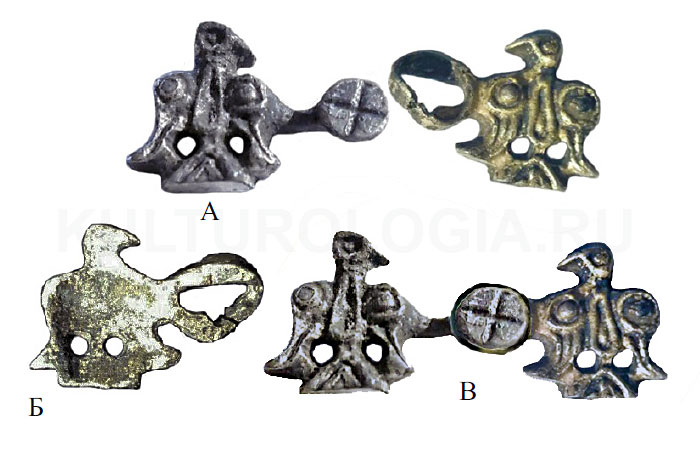  Две однотипные пряжки «Сокол». Ключ (А) и замок (Б), найденные в Украине в разные годы. Виртуальная реконструкция застегнутой пряжки (В). Серебро.