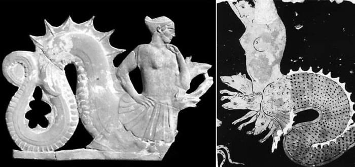 Изображения «Сциллы»: Статуэтка с о. Милос; / Краснофигурная ваза из Южной Италии 390/380 гг. до н.э.