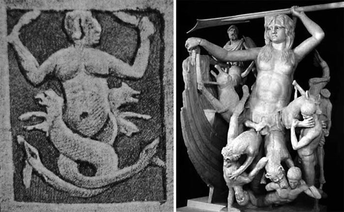 Изображения «Сциллы»: Стела V в. до н. э. из Болоньи (по: Stilp, 2011. Fig. 5) / Реконструкция статуи из Сперлонги.