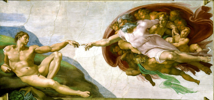 Микеланджело, «Сотворение Адама», фрагмент потолка Сикстинской капеллы