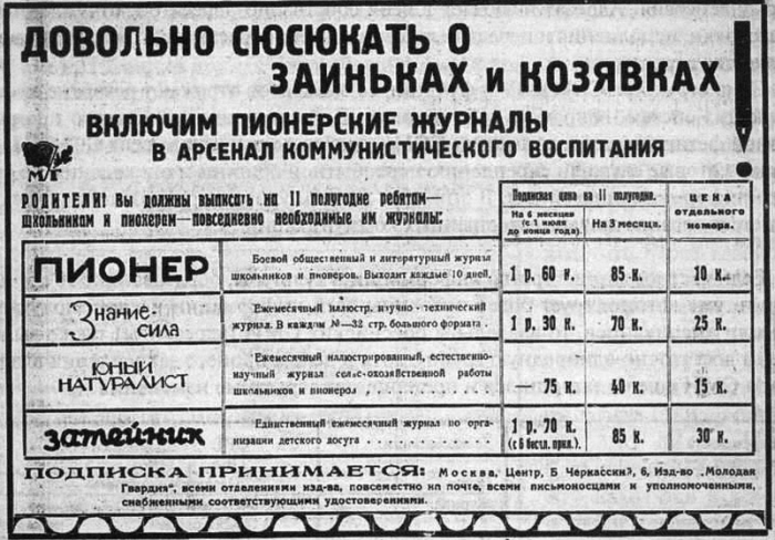 Подписка на журналы для пионеров и школьников, 1930 год 