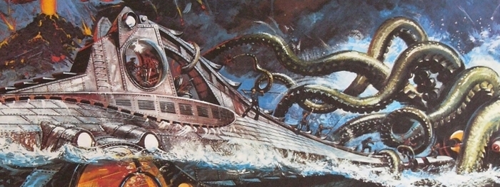 Экипаж Наутилуса сражается в гигантским кальмаром.