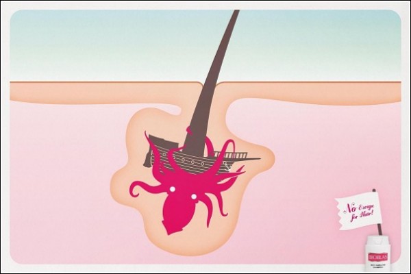 Креативная реклама шампуня против выпадения волос: осьминог и корабль